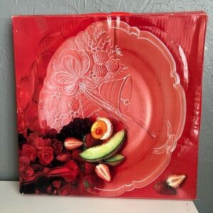 Red Decorative Plate with Fruit Design